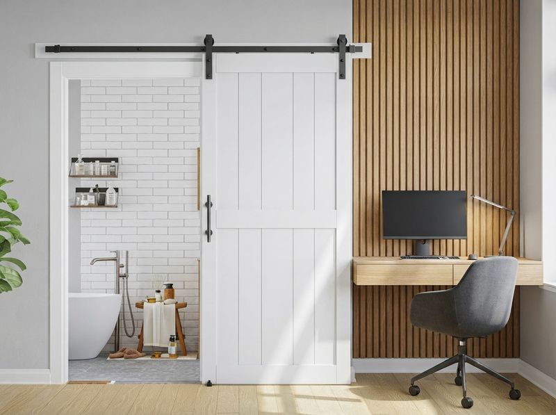 White paneled barn door rolled open across a laundry opening