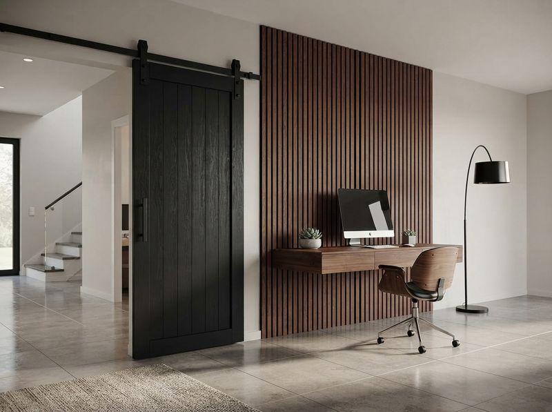 Red Oak slat panels on a home office wall behind a desk microphone