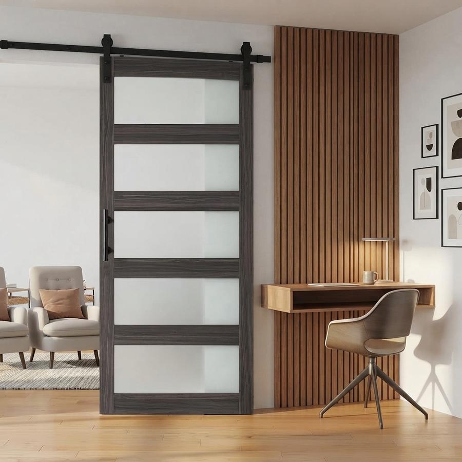 Frosted glass barn door part-open on its overhead rail