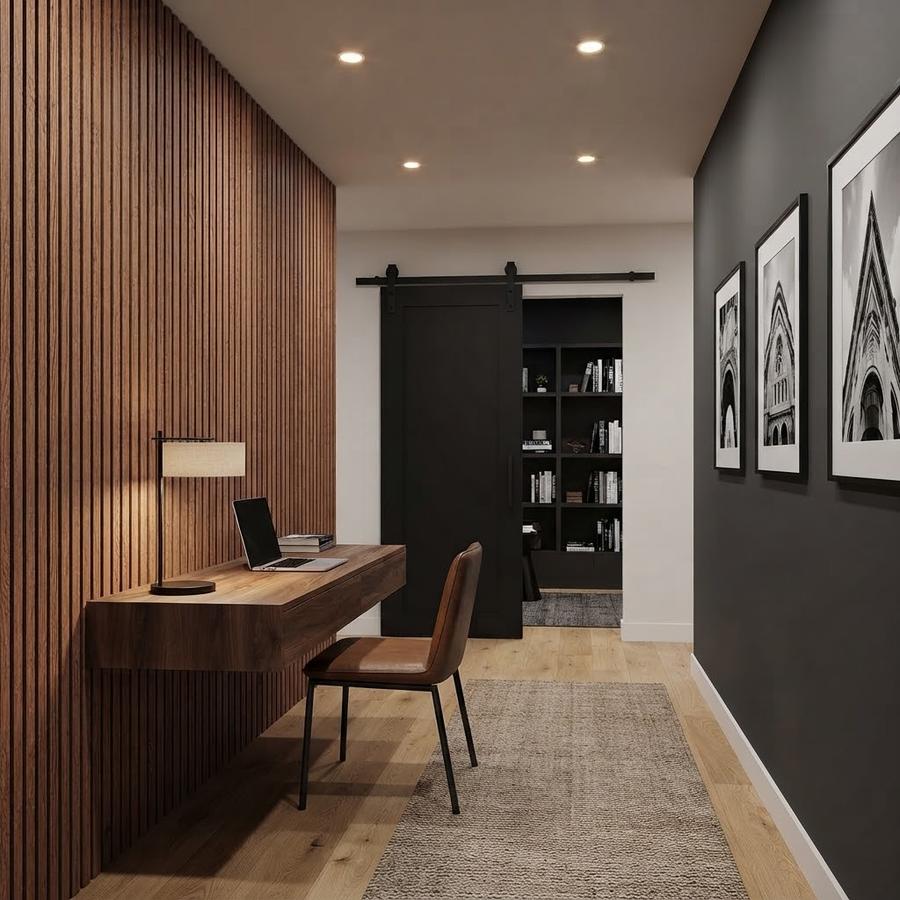 Red Oak slat panels on a home office wall behind a desk microphone