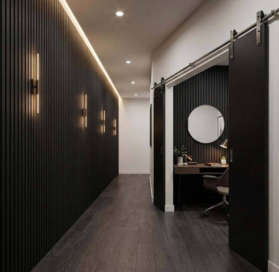 Matte black slat panels covering the wall of a recording corner