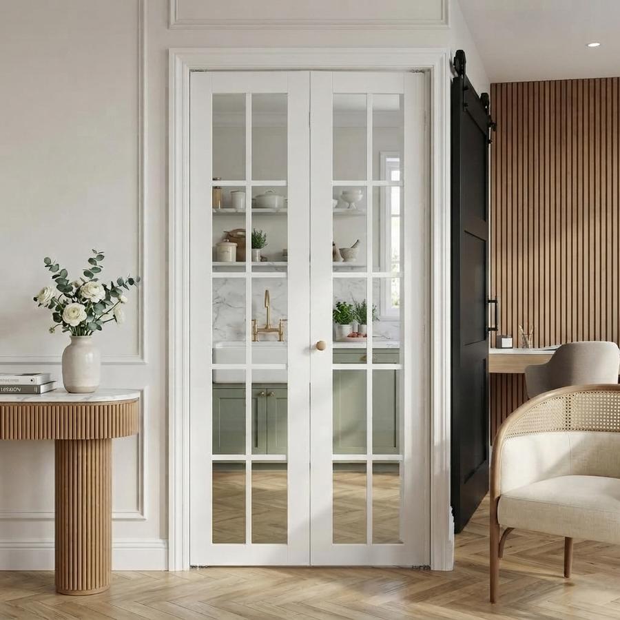 Bifold closet door folded back against a bright hallway jamb